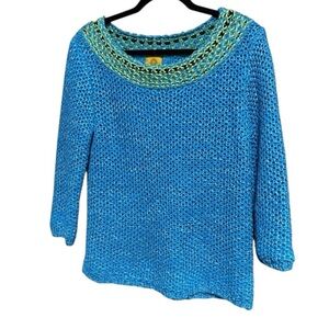 Ruby Rd Women’s Teal Blue Crochet Sweater - SZ S - Cotton Blend - EUC